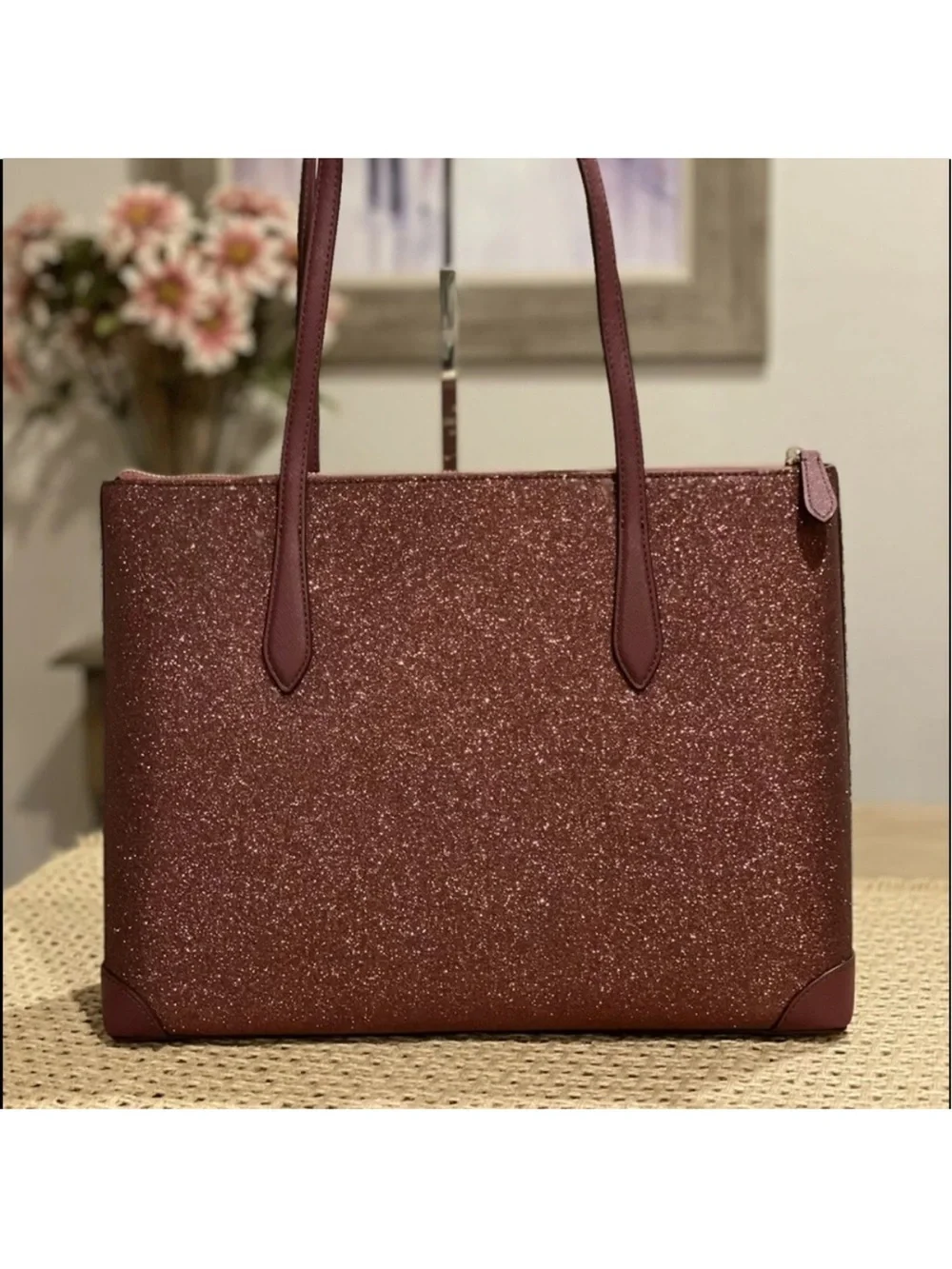 NWT Kate Spade Large Glitter Fabric Tote in Deep Nova burgundy